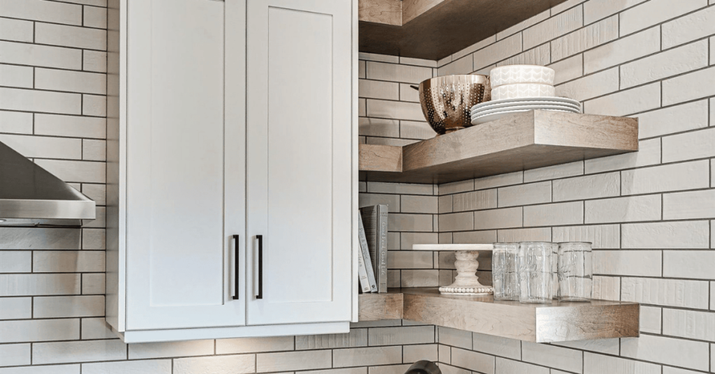 Corner floating shelves, part of the 2022 kitchen trends by Superior Cabinets. 