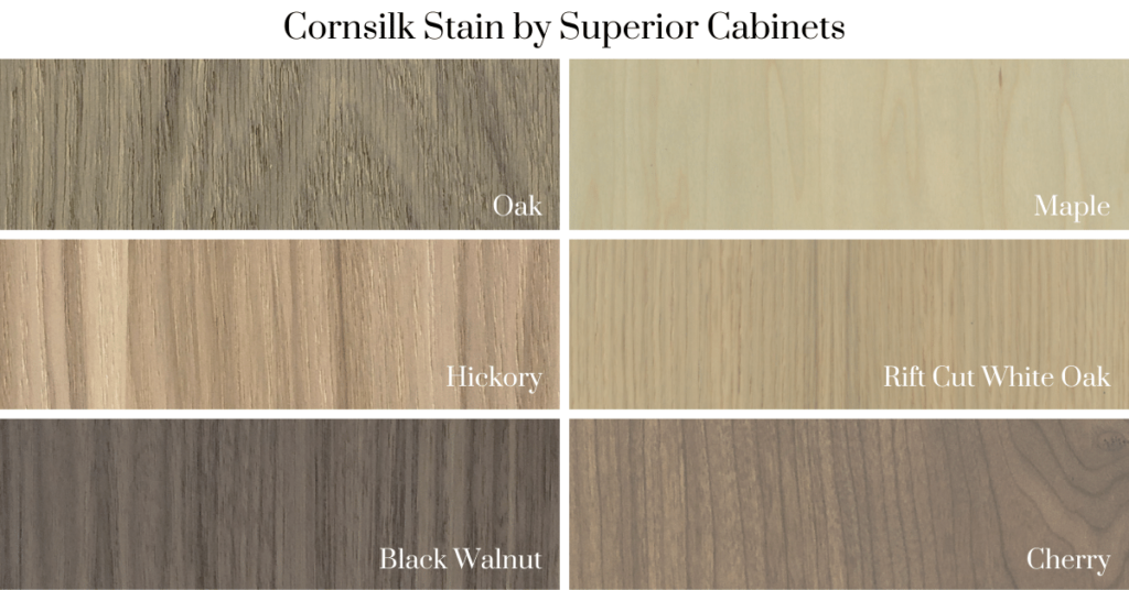 Wood samples of the Cornsilk stain on Oak, Maple, Hickory, Cherry, Black Walnut, and Rift Cut White Oak by Superior Cabinets 