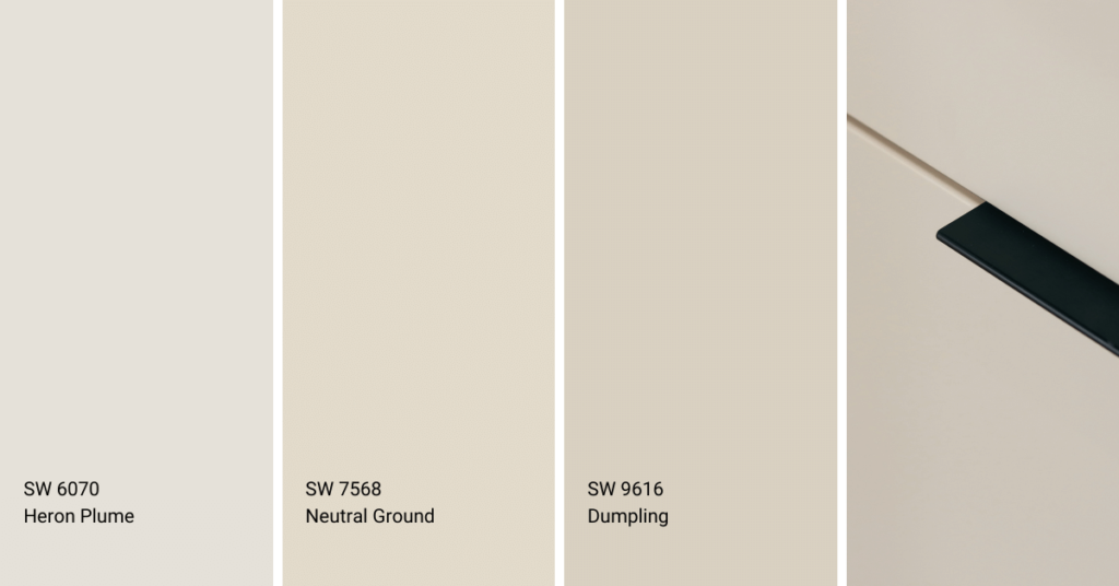 3 swatches of warm white paint colous by Sherwin-Williams. 