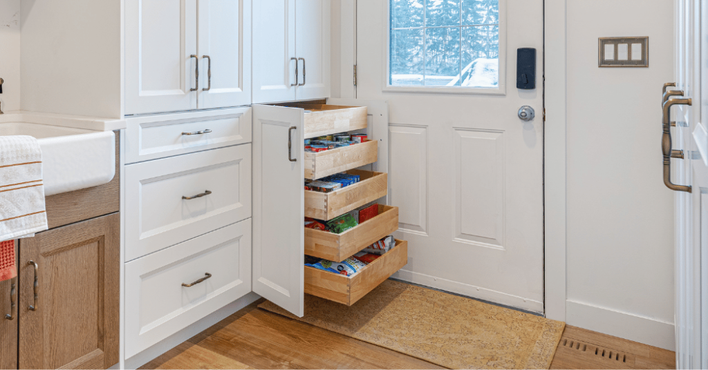 5 Wood dovetail rollout shelves inside a tall pantry