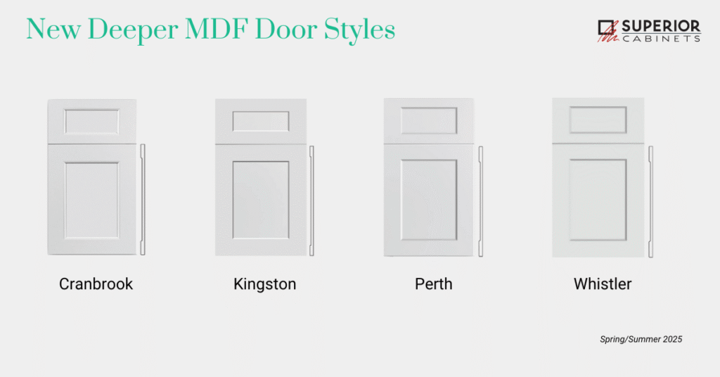 four deeper routed mdf door styles by superior cabinets. cranbrook, kingston, perth, whistler.