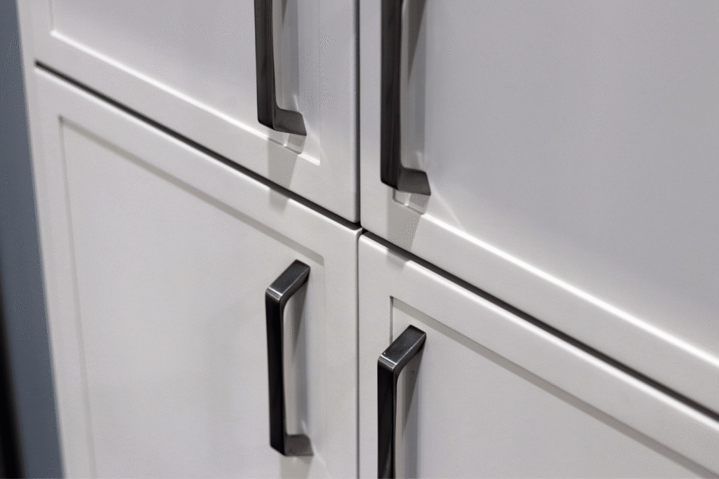 The MDF Verra slim narrow shaker cabinet door style in the painted Fusion Accessible Beige finish. 